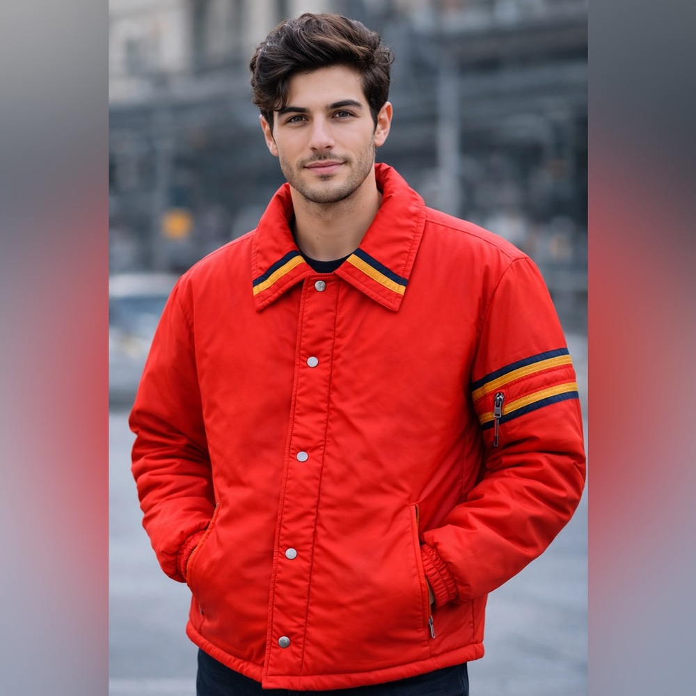 Vintage McGregor Red Jacket Retro Ski Stripe Sleeve Zip Nylon‎ Coat Mens M